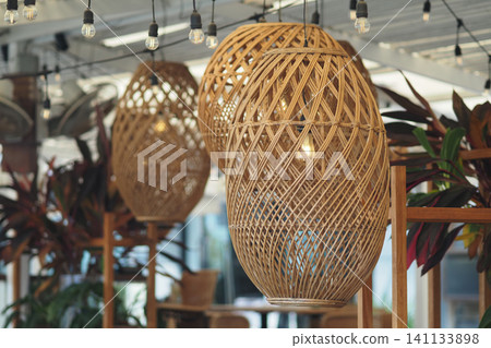 Hanging lights and plants in a cafe interior design Hanging lights and plants in a cafe interior design 141133898