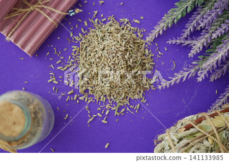 dry lavender and soap on a purple background dry lavender and soap on a purple background 141133985