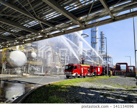 A fire truck is spraying water on a building 141134096