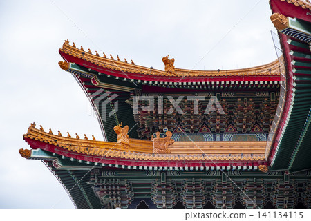 Intricate traditional Chinese architectural details and eaves of Chiang Kai-shek Memorial Hall in Taipei. 141134115