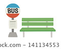 A set of illustrations of bus stop signs and green benches (bus stop, timetable, public transport icon materials). 141134553