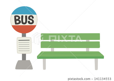 一套公車站牌和綠色長椅的插圖(公車站、時刻表、公共交通圖示素材)。 一套公車站牌和綠色長椅的插圖(公車站、時刻表、公共交通圖示素材)。 141134553
