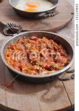 closeup of turkish menemen on a table closeup of turkish menemen on a table 141134643