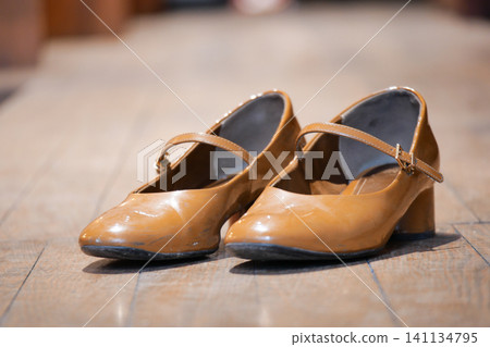 Classic brown heels displayed on a wooden floor Classic brown heels displayed on a wooden floor 141134795