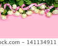 beautiful white roses on a pink background. place for text. top view background 141134911