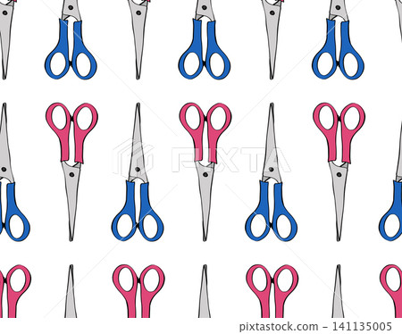 Scissor School seamless pattern colored hand drawn illustration. Vector graphic line ink art. Banner, poster, wrapping paper, sticker, print, modern textile design. For logo, web, package, sticker. Scissor School seamless pattern colored hand drawn illustration. Vector graphic line ink art. Banner, poster, wrapping paper, sticker, print, modern textile design. For logo, web, package, sticker. 141135005