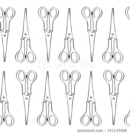 Scissor School seamless pattern Black and white hand drawn illustration. Vector graphic line ink art. Banner, poster, wrapping paper, sticker, print, modern textile design. For logo, web, package Scissor School seamless pattern Black and white hand drawn illustration. Vector graphic line ink art. Banner, poster, wrapping paper, sticker, print, modern textile design. For logo, web, package 141135006