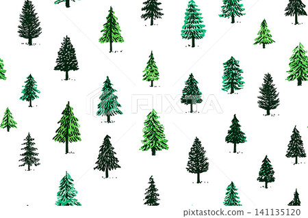Celebration background. Seamless pattern. Green Christmas trees. Minimalist style. Hand drawn. 141135120