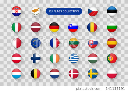 Official European Union member states national flags collection on transparent background as flat round circle button icons for web user interface and language selection Official European Union member states national flags collection on transparent background as flat round circle button icons for web user interface and language selection 141135191