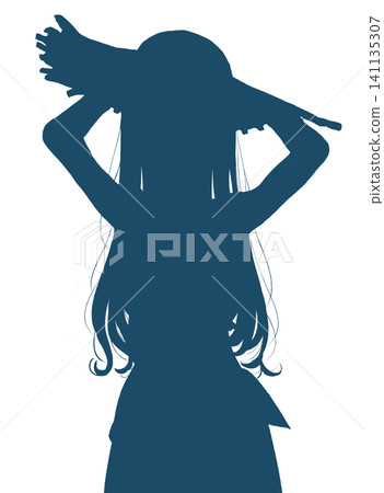 A long-haired girl wearing a straw hat is holding down a pareo. 141135307