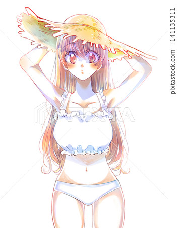 A long-haired girl wearing a straw hat, holding something down, brown hair, swimsuit. 141135311