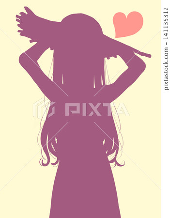 A long-haired girl wearing a straw hat; holding back; love; silhouette. 141135312