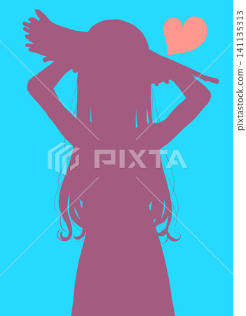 A long-haired girl wearing a straw hat; holding back; love; silhouette. A long-haired girl wearing a straw hat; holding back; love; silhouette. 141135313
