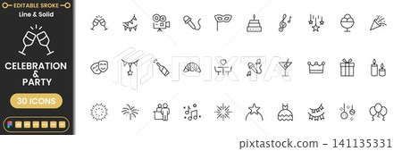 Celebration party icon set with birthday, confetti, balloons, cake and festive symbols modern outline vector collection Celebration party icon set with birthday, confetti, balloons, cake and festive symbols modern outline vector collection 141135331