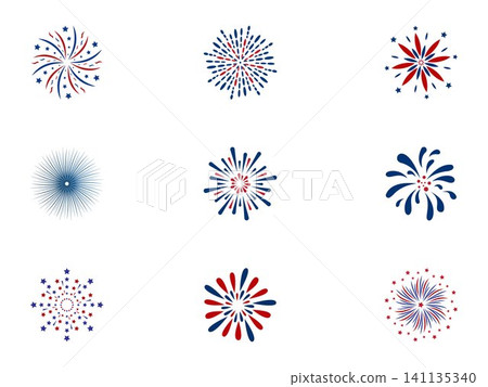 Festive firework icon set with red white blue bursts, celebration stars and holiday explosion elements modern flat vector collection Festive firework icon set with red white blue bursts, celebration stars and holiday explosion elements modern flat vector collection 141135340