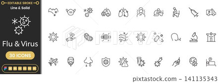 Flu and virus icon set with healthcare, infection, medical protection and pandemic symbols modern outline vector collection Flu and virus icon set with healthcare, infection, medical protection and pandemic symbols modern outline vector collection 141135343