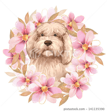 Cute dog portrait in pink watercolor flower wreath with golden leaves. Hand drawn aesthetic illustration Cute dog portrait in pink watercolor flower wreath with golden leaves. Hand drawn aesthetic illustration 141135390