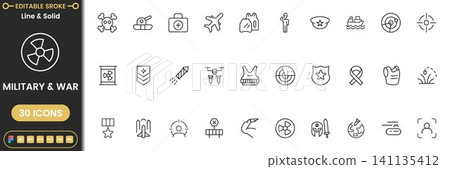 Military and war icon set with army defense tactical and combat symbols modern outline vector collection 141135412
