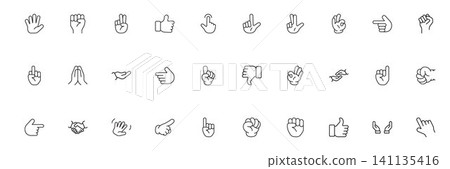 Hand gestures icon set with pointing thumbs up swipe and touch symbols modern outline vector collection for UI UX design Hand gestures icon set with pointing thumbs up swipe and touch symbols modern outline vector collection for UI UX design 141135416