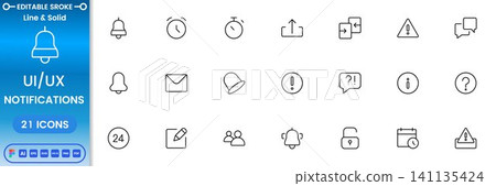Notification UI UX icon set with alerts, messages, reminders and app interface symbols modern outline vector collection Notification UI UX icon set with alerts, messages, reminders and app interface symbols modern outline vector collection 141135424