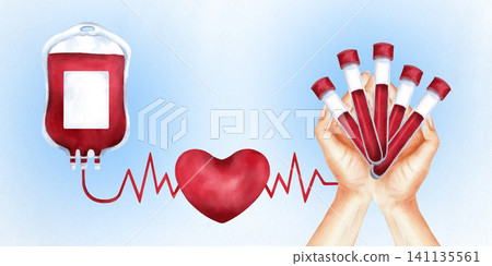 Blood donation watercolor banner with copy space. Blood bag transfusion, red heart, rhythm line, test tube in hands. Hand painted isolated illustration on blue background for cards, email newsletters Blood donation watercolor banner with copy space. Blood bag transfusion, red heart, rhythm line, test tube in hands. Hand painted isolated illustration on blue background for cards, email newsletters 141135561