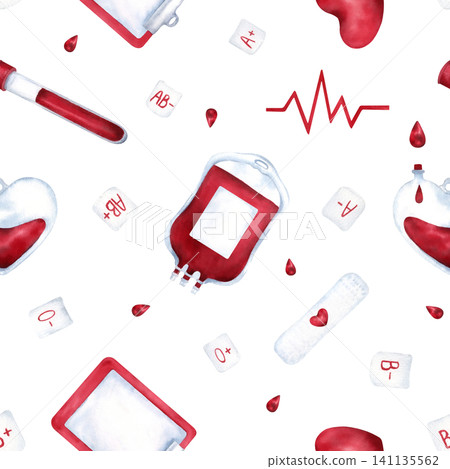 Watercolor seamless pattern with blood donation elements. Donor heart, blood droplets, medical symbols isolated on white background. Hand drawn illustration for healthcare design, donation campaigns 141135562