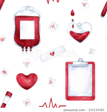 Watercolor seamless pattern with blood donation elements. Donor heart, blood type and Rh factor, medical symbols isolated on white background. Hand painted illustration for donation campaigns, design Watercolor seamless pattern with blood donation elements. Donor heart, blood type and Rh factor, medical symbols isolated on white background. Hand painted illustration for donation campaigns, design 141135565