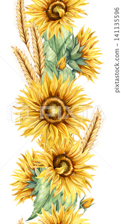 Watercolor sunflower seamless border. Hand drawn botanical vertical frame illustration of yellow flowers, green leaves and ear of wheat isolated from background. Floral composition for design Watercolor sunflower seamless border. Hand drawn botanical vertical frame illustration of yellow flowers, green leaves and ear of wheat isolated from background. Floral composition for design 141135596