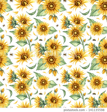 Watercolor sunflower floral seamless pattern. Yellow flowers with bumblebees repeat composition. Hand painted botanical illustration isolated from background. Ornate for textile, packaging design Watercolor sunflower floral seamless pattern. Yellow flowers with bumblebees repeat composition. Hand painted botanical illustration isolated from background. Ornate for textile, packaging design 141135598
