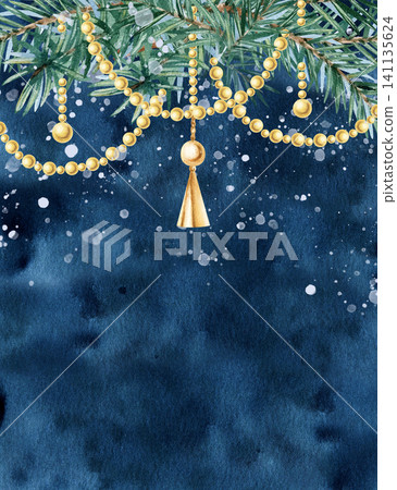 Watercolor Christmas greeting template with copy space, New Year card. Spruce branch garland with golden beads, decorations vertical frame. Hand painted illustration, dark background. Festive banner Watercolor Christmas greeting template with copy space, New Year card. Spruce branch garland with golden beads, decorations vertical frame. Hand painted illustration, dark background. Festive banner 141135624
