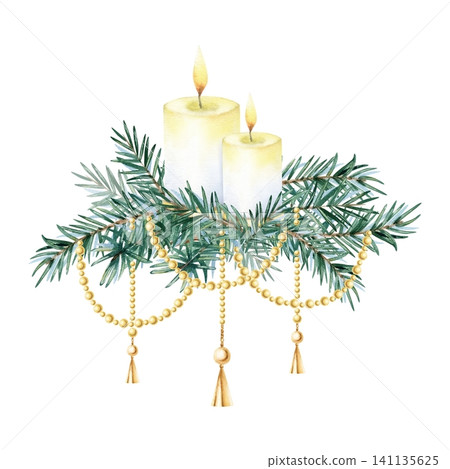 Watercolor spruce fir branch arrangement with hanging golden beads and burning candles. Festive composition illustration isolated from background for Christmas greeting card, New Year graceful design Watercolor spruce fir branch arrangement with hanging golden beads and burning candles. Festive composition illustration isolated from background for Christmas greeting card, New Year graceful design 141135625