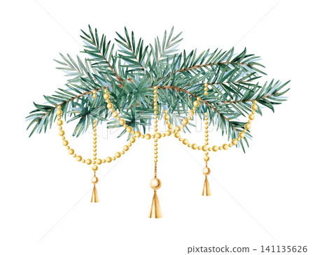 Watercolor spruce fir branch composition with hanging golden beads. Festive arrangement illustration isolated from background for Christmas greeting card, New Year decoration, printing design Watercolor spruce fir branch composition with hanging golden beads. Festive arrangement illustration isolated from background for Christmas greeting card, New Year decoration, printing design 141135626