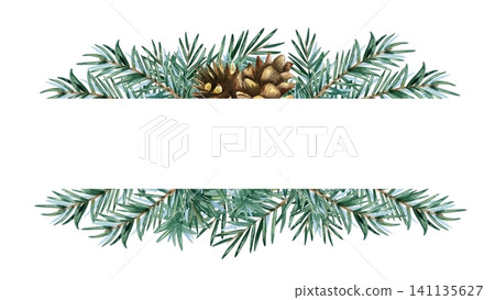 Watercolor spruce branches, pine cones rectangular horizontal frame with copy space. Hand painted fir twigs template, banner. Illustration isolated from background. Festive card in rustic style Watercolor spruce branches, pine cones rectangular horizontal frame with copy space. Hand painted fir twigs template, banner. Illustration isolated from background. Festive card in rustic style 141135627