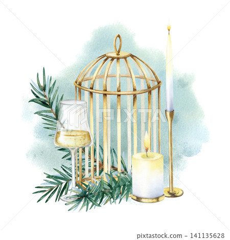 Watercolor golden birdcage, spruce fir branches, burning candles and glass of sparkling wine. Festive composition, hand painted illustration isolated from background with watercolor mint stain 141135628