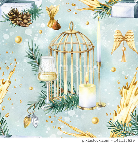 Christmas seamless pattern on light green watercolor abstract background. Golden birdcage, fir branches, burning candles, beads, sweets and splash of sparkling wine. Festive hand painted illustration 141135629