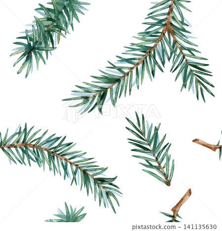 Spruce branches seamless pattern. Fir watercolor twigs repeat ornate isolated from background. Hand drawn painted Illustration for festive Christmas, New Year packaging, rustic scrapbooking, textile Spruce branches seamless pattern. Fir watercolor twigs repeat ornate isolated from background. Hand drawn painted Illustration for festive Christmas, New Year packaging, rustic scrapbooking, textile 141135630
