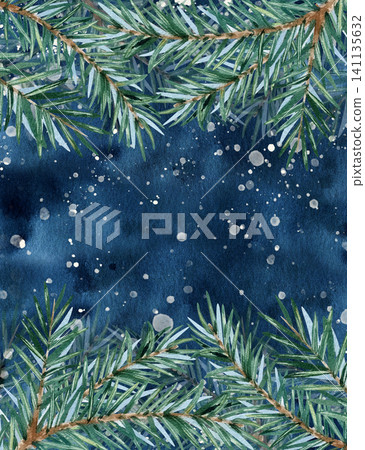 Christmas card fir branches, dark blue watercolor stain abstract background, snowfall. Spruce twigs isolated illustration. Vertical frame with copy space. Hand painted festive template for New Year Christmas card fir branches, dark blue watercolor stain abstract background, snowfall. Spruce twigs isolated illustration. Vertical frame with copy space. Hand painted festive template for New Year 141135632