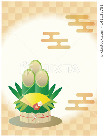 一張明信片,上面印有普普藝術風格的門松(新年松枝裝飾)插圖,以及松樹、竹子和梅花。 一張明信片,上面印有普普藝術風格的門松(新年松枝裝飾)插圖,以及松樹、竹子和梅花。 141135781