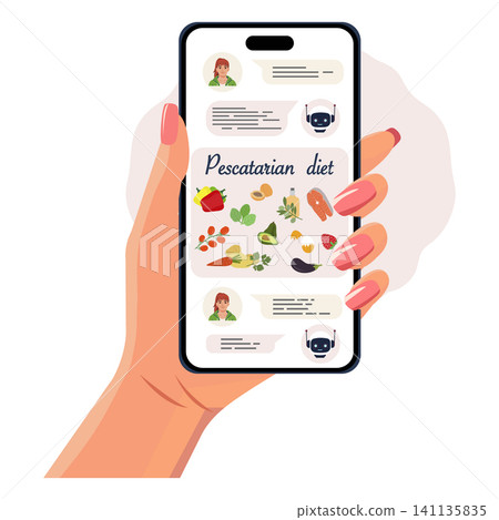 Smartphone displaying pescatarian diet chat with food icons and chatbot interaction 141135835