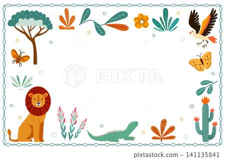 Animated illustration safari animals and plants in a colorful border with copy space for text in the center 141135841
