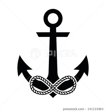 Anchor with braided rope icon isolated on white background. Black silhouette symbol of nautical and maritime sign. Anchor with braided rope icon isolated on white background. Black silhouette symbol of nautical and maritime sign. 141135863