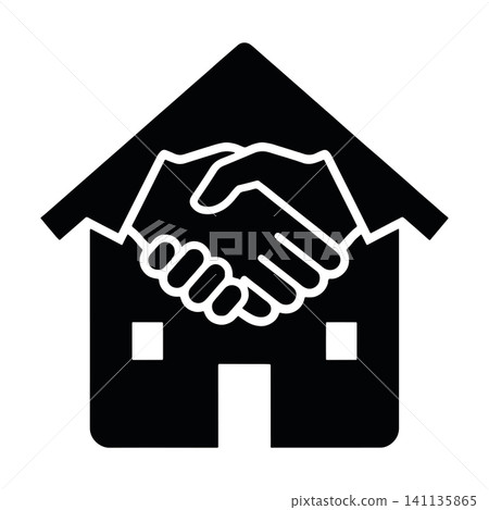 House handshake silhouette icon isolated on white background. Black symbol of real estate deal, home buying, and property agreement. House handshake silhouette icon isolated on white background. Black symbol of real estate deal, home buying, and property agreement. 141135865