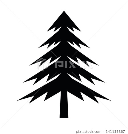 Pine tree icon isolated on white background. Spruce or fir black silhouette symbol for nature, camping and outdoor adventure. Pine tree icon isolated on white background. Spruce or fir black silhouette symbol for nature, camping and outdoor adventure. 141135867