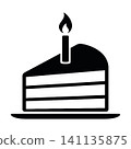 Cake slice with candle silhouette icon isolated on white background. Black symbol of birthday celebration and dessert.  141135875