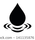 Minimalist black water droplet icon with ripple effect isolated on white background.  141135876