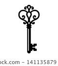 Vintage ornate skeleton key icon, antique black key silhouette isolated on white background.  141135879