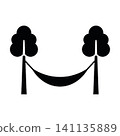 Hammock between two trees silhouette icon isolated on white background. Black symbol of relaxation, travel, and summer vacation.  141135889