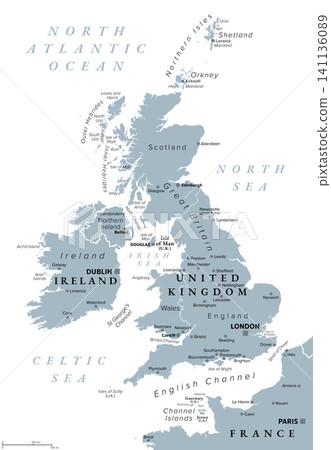 British Isles, gray political map. Archipelago in North Atlantic Ocean off the coast of continental Europe, consisting of Great Britain, Ireland, the Isle of Man, Hebrides, Orkney and Shetland. Vector British Isles, gray political map. Archipelago in North Atlantic Ocean off the coast of continental Europe, consisting of Great Britain, Ireland, the Isle of Man, Hebrides, Orkney and Shetland. Vector 141136089