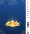 Elegant Diwali greeting card template with glowing candle in lotus flower, blue gradient background, ornamental mandala corners and copy space. Festival of Lights vector design. 141136466