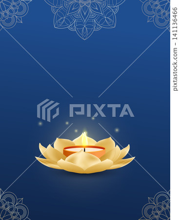 Elegant Diwali greeting card template with glowing candle in lotus flower, blue gradient background, ornamental mandala corners and copy space. Festival of Lights vector design. Elegant Diwali greeting card template with glowing candle in lotus flower, blue gradient background, ornamental mandala corners and copy space. Festival of Lights vector design. 141136466